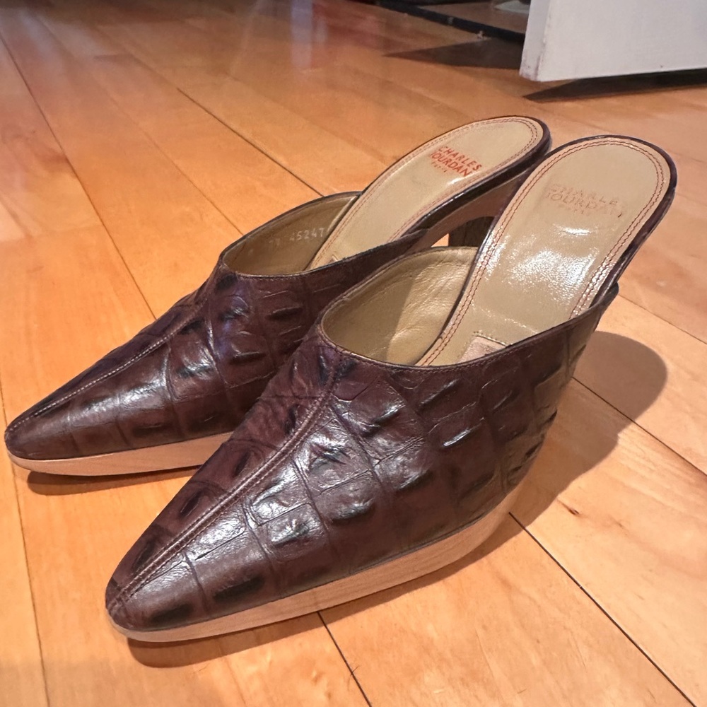 Charles Jordan Snake Skin Leather Wooden Platform Mule